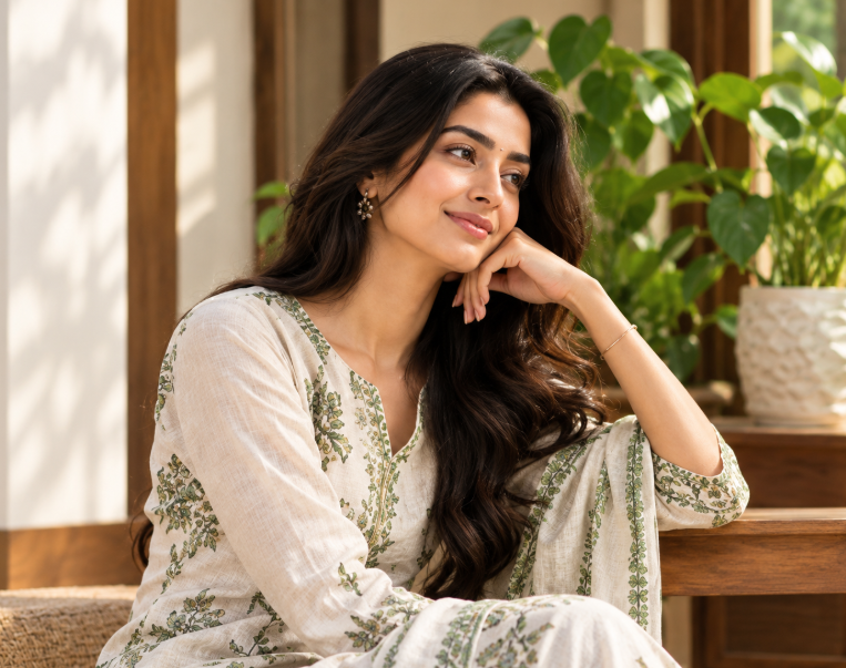 Twinkle Linen Collection - Elegant woman in cream linen kurta with green embroidery